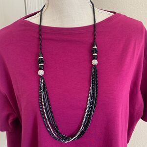 Beaded Long Necklace Black & Silver Sparkly Rhinestone Multi-Strand Accessories